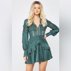 Self-Portrait lace trimmed jacquard dress in emerald green